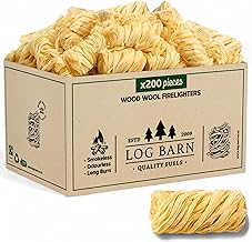 Log Barn Natürliche Anzündwolle – 200 Stück, Öko Anzünder Holzwolle für Holzöfen, Pizzaöf…