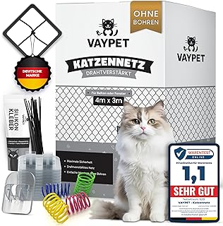 VAYPET® Katzennetz für Balkon ohne Bohren inkl. Klebehaken & Silikonkleber I Robustes Katzennet…