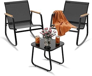 Xbro 3-teiliges Gartenmöbel Set mit 2 Schaukelstühlen und Glastisch, Balkonmöbel aus Teslin mi…