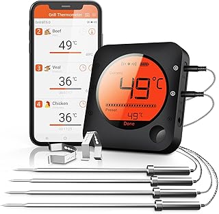 BFOUR 100m Grillthermometer Bluetooth, Fleischthermometer kabelloses mit 4 Edelstahlsonden, groß…