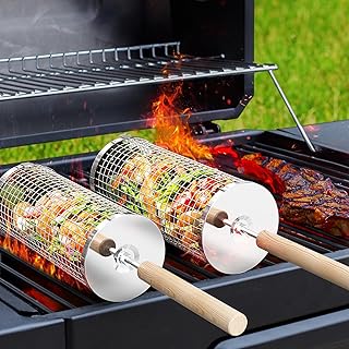 ivtivfu Nestbar Rollender Grillkorb, Abnehmbarer Holzgriff, Edelstahl 304, Outdoor Küche Grill Z…