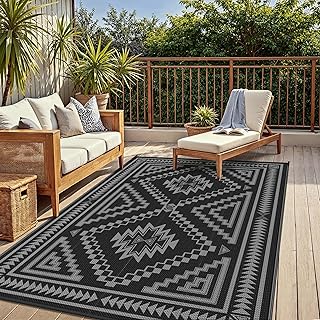 GENIMO Outdoorteppich Wetterfest 120x180cm Schwarz Grau, Plastik Recycelt, UV-beständig & Waschb…