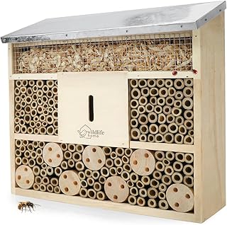 WILDLIFE HOME Bienenhotel Insektenhotel mit Metalldach I Unbehandelt, Bienenhaus aus Massiv-Holz …