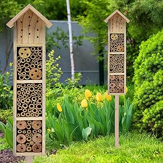 Holz Insektenhotel mit Erdspieß – H 78 cm – Insektenhaus naturbelassen zum Aufstellen – Bienenho…