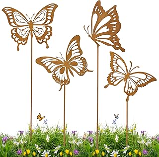 4 Stück Gartenstecker Schmetterlinge Metall Set, Schmetterling Gartendeko Rost, Rost Deko Rostst…