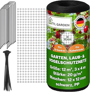 TTL GARDEN 3x4m Vogelschutznetz Laubnetz 20g/m² schwarz – 12x12mm Masche engmaschig 12m² 1 Fade…