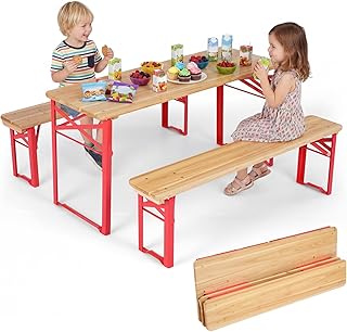 COSTWAY Kindersitzgruppe Outdoor Klappbar, Kinder Picknicktisch Set mit 2 Sitzbänken, Bierzeltga…
