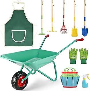 GOLDGE Schubkarre Kinder, 10 Stück Kinder Gartengeräte Set mit 5pcs Gartenwerkzeug Schaufel Set…