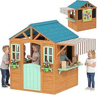 AIYAPLAY Kinderspielhaus aus Holz Spielhaus Outdoor mit Verkaufstheke Pflanzenkasten Kreidetafel …