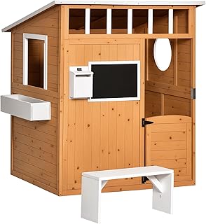 Outsunny Spielhaus Kinderspielhaus aus Holz mit Tür Fenster Briefkasten Blumentopfrack Gartenhau…