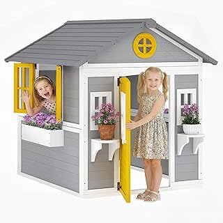 Outsunny Spielhaus Kinderspielhaus aus Holz mit Tür 6 Fenster 2 Blumenkästen 2 Blumenständern …