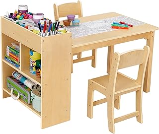 OOOK Kindertisch mit 2 Stühlen, Basteltisch Kindersitzgruppe mit Stauraum aus Holz, Aktivitätst…