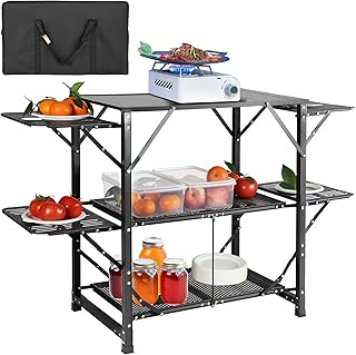 VEVOR Camping-Küchentisch, Aluminium, Faltbar, Tragbar, Outdoor-Kochstation mit 4 Eisenseiten, 2…