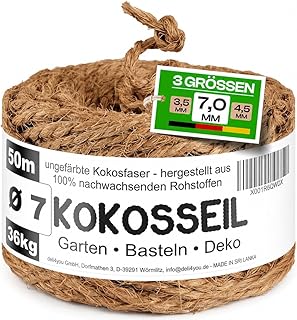 Kokosseil Gartenseil für Pflanzen – 7mm x 50m Kokosstrick für Bäume Kokosfaserschnur Baumbin…