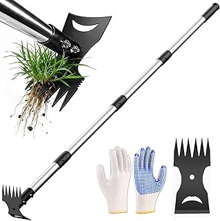 Unkrautstecher mit Langem Stiel, 150cm Unkrautjäter Hand, 2-in-1 Unkrautrechen & Gartenhacke Kom…