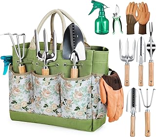 Grenebo Gartenwerkzeug Set,9 Stück Garten Werkzeug mit Gartengeräte Organizer Handtasche, Rostf…