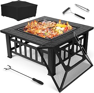 TLSUNNY Feuerschale mit funkenschutz 81 cm, 3 in 1 Feuerkorb mit Grillrost,Feuerschalen Quadratis…