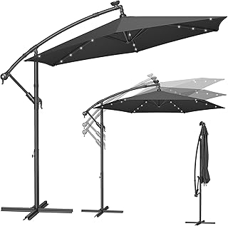 SONGMICS Sonnenschirm mit LED-Solar-Beleuchtung, Ampelschirm 300 cm d, 32 LED-Lämpchen, mit Stä…