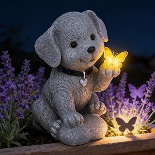 Solar Figuren für Außen, Wetterfeste Hunde Statue Deko mit Schmetterling, Solar Gartenstatuen, …