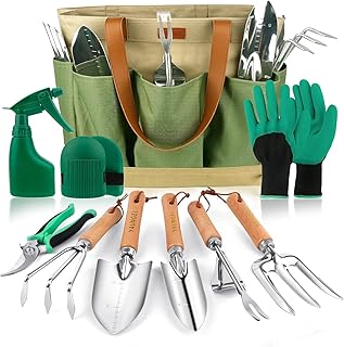 YAUNGEL Gartenwerkzeug Set, 10 Stück Schwerlast Edelstahl Gartenarbeit Kit mit Non-Slip Holzgrif…