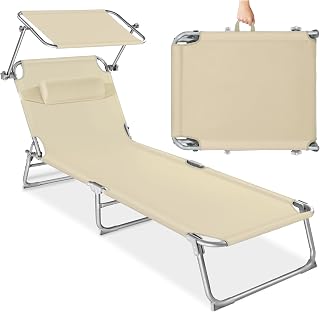 tectake® Sonnenliege mit Dach, Strandliege klappbar, leichte Gartenliege, Outdoor Liegestuhl mit…