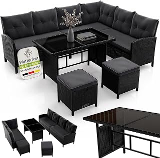 Juskys Polyrattan Lounge Manacor mit Ecksofa, Esstisch, 2 Hocker & Kissen – wetterfest bis 7 Pers…