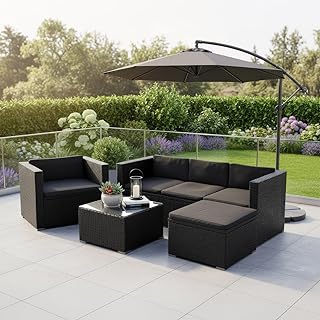 Juskys Polyrattan Lounge Punta Cana L für 4-5 Personen mit 3er Sofa, Sessel, Hocker, Tisch & Kis…