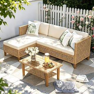 PHI VILLA Gartenmöbel Set Balkonmöbel 3 Teilig, Rattan Lounge Möbel Outdoor mit 1 Chaiselongue…