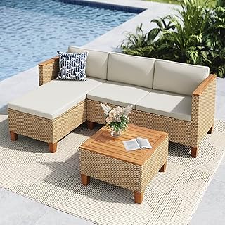MFSTUDIO 3-Teilig Rattan Gartenmöbel Set mit Beigen Kissen für 4 Personen, Kleines L-Förmiges …
