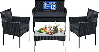 SONGMICS Gartenmöbel-Set, 4-teilig, Balkonmöbel aus PE-Polyrattan, Tisch, 2 Stühle, 2-Sitzer-B…
