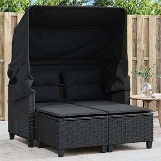 Willood Gartensofa 2-Sitzer mit Dach und Hockern Schwarz Poly Rattan Das Material ist langlebig, …