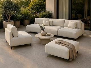 A&J MöbelLand Outdoor Lounge Set Sun mit Sofa, Sessel und Hocker in Creme – Wetterfestes Gartenm…