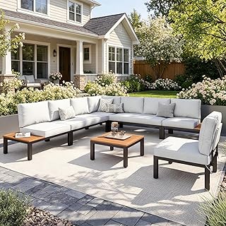 PHI VILLA Metall Gartenmöbel Set für 8 Personen, L-förmige Modulare Lounge Möbel Outdoor Ecks…