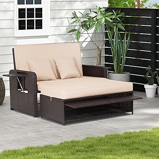 GIANTEX Balkonmöbel Lounge Möbel Outdoor, Gartensofa mit Hocker, Rattan Sofa mit Schlaffunktion…