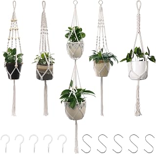 Makramee Blumenampel 5er Set, Boho Deko Baumwollseil Hängeampel Beige Blumentopf für Pflanzen H…