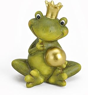 TEMPELWELT® Deko Garten Figur Frosch Froschkönig 15 cm, Keramik Grün Beige Mit Goldkugel, Deko…