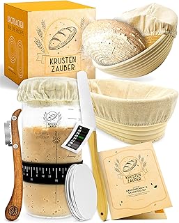 KRUSTENZAUBER 2er Set Gärkörbchen & 600ml Sauerteig Starter Set im Vorteilspack – Gärkörbe au…
