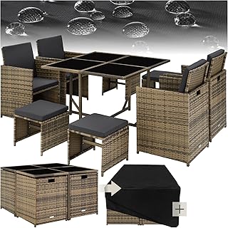 tectake Lounge Möbel Set aus 4X Stühle, 1x Tisch, 4X Hocker, wetterfest und platzsparende Cube …