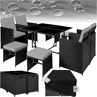 tectake Lounge Möbel Set aus 4x Stühle, 1x Tisch, 4x Hocker, wetterfest und platzsparende Cube …