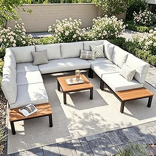 PHI VILLA Metall Gartenmöbel Set für 8 Personen, U-förmige Modulare Lounge Möbel Outdoor Ecks…