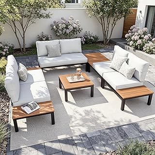 PHI VILLA Metall Gartenmöbel Set für 6 Personen, U-förmige Modulare Lounge Möbel Outdoor Ecks…