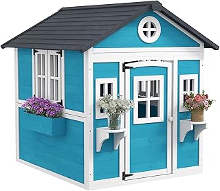 Outsunny Kinderspielhaus aus Holz Spielhaus Outdoor mit Fenster, Blumenregal, Pflanzenkasten und …