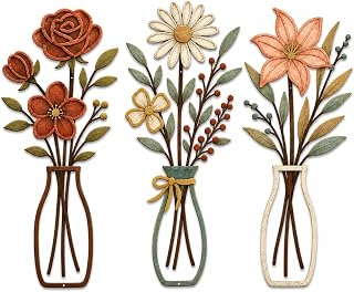 3 Stück Metall Blumen Vase Wanddekoration in Braun, Wandkunst Badezimmer Dekoration Minimalistis…