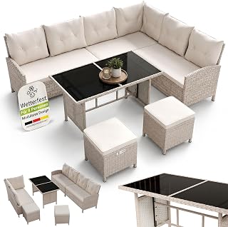 Juskys® Polyrattan Lounge Manacor mit Ecksofa, Esstisch, 2 Hocker & Kissen – Creme/Sand – wetter…