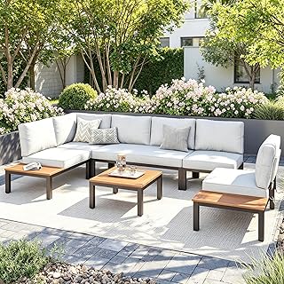 PHI VILLA Metall Gartenmöbel Set für 6 Personen, L-förmige Modulare Lounge Möbel Outdoor Ecks…