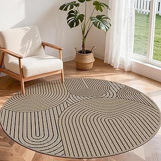 Teppich rund 160 cm, Leichter Jute Aussehen Teppich, Rutschfest Wohnzimmerteppich, Outdoor Teppic…