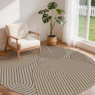 Teppich rund 200 cm, Leichter Jute Aussehen Teppich, rutschfest Wohnzimmerteppich, Outdoor Teppic…