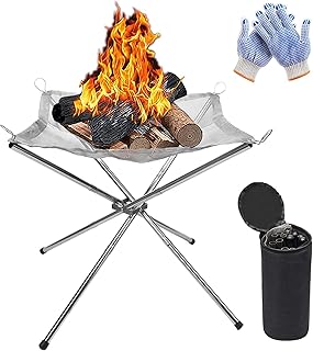 KAHEIGN Tragbare Feuerstelle für Außen, 42cm Faltbare Edelstahlgeflecht Feuerstelle Grill-Feuer…