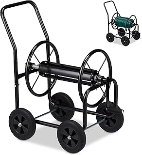 Relaxdays Schlauchwagen Metall, 4 Gummiräder, XL Schlauchtrommel, Kurbel, für 60m Schlauch, HBT…