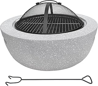 Feuerschale 2-in-1 aus Kunststein in Granitoptik | ca. Ø 60 cm | inkl. Grillrost, Schürhaken & …